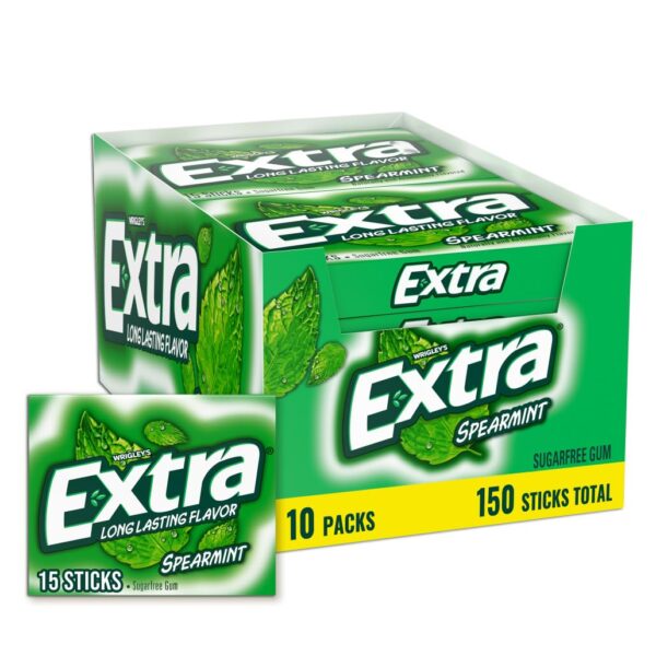 EXTRA Spearmint Sugarfree Chewing Gum, 15 Pieces (Pack of 10)