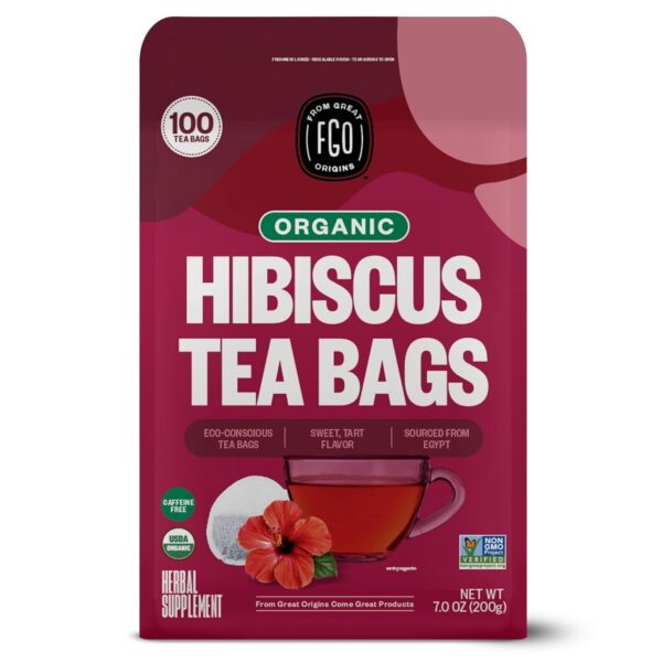 FGO Organic Hibiscus Tea, 100 Count, Eco-Conscious Tea Bags, Caffeine Free