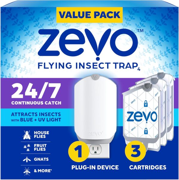 Zevo Flying Insect Trap & 3 Cartridges - Plug in Fly Trap